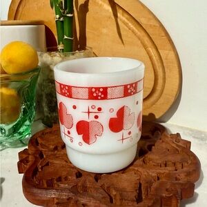 Vintage Red and White Leaf Pattern Fire King  Milk Glass Mug